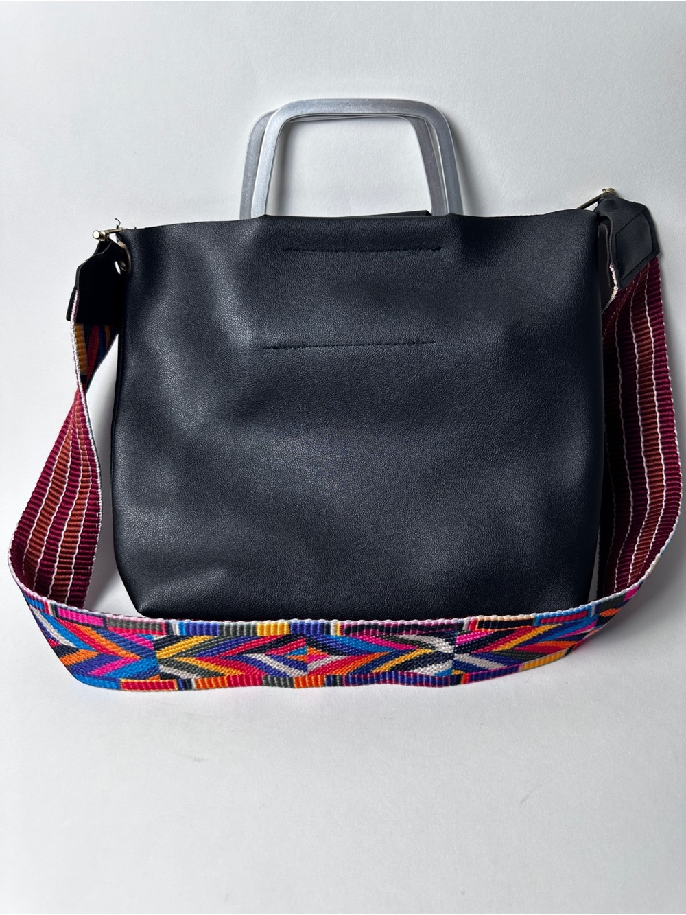 Black 2-in-1 Tote Bag Multicolor Woven Strap Removable Crossbody Pouch